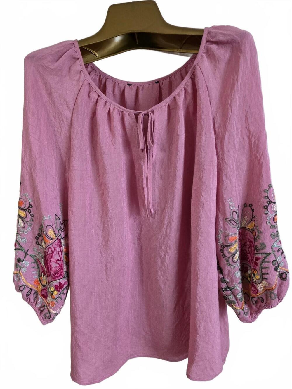 Pink Embroidered Peasant Blouse with 3/4 Sleeves, Size Medium, Boho